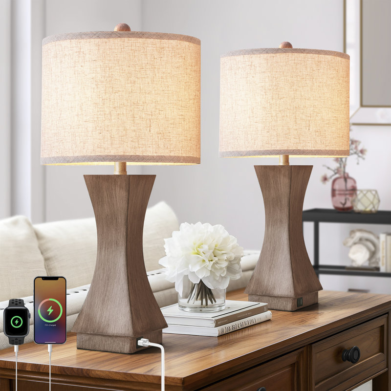 24.5'' Modern Dimmable Resin Table Lamp With Usb Port For Living Room/Bedroom, Woodgrain Brown