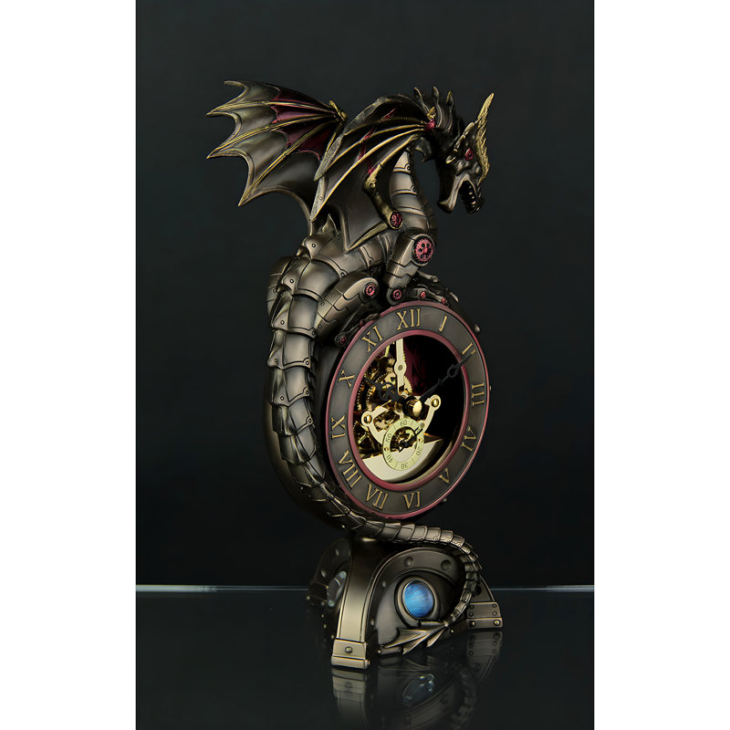 Horloge de table steampunk en résine polyuréthane bronze coulée à froid, représentant un dragon et dotée d'un mécanisme d'horlogerie mobile ; hauteur : 23 cm.