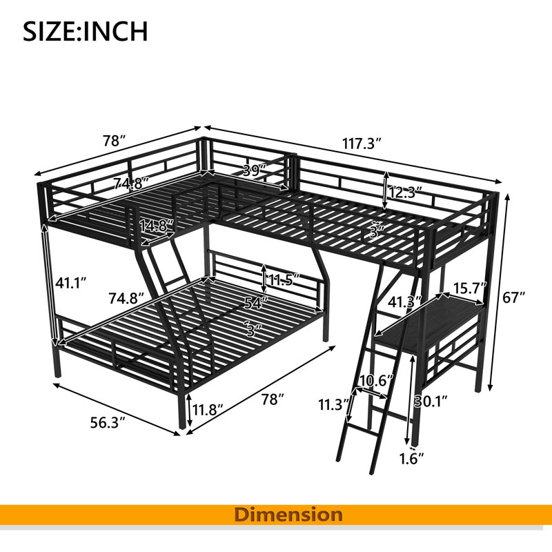 Lit simple superposé au dessus d'un lit double avec lit mezzanine simple attaché