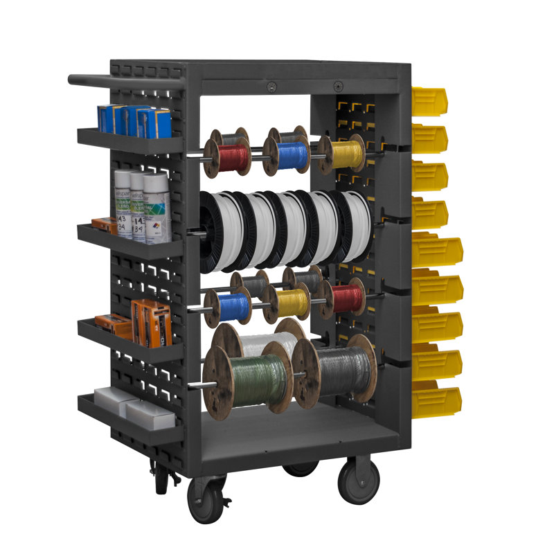 Heavy-Duty Gray Steel Mobile Wire Spool Cart with Louvered Panels