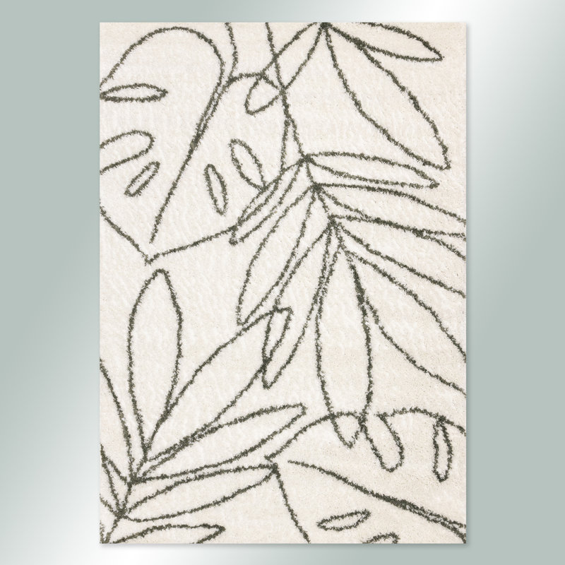 Tapis vert crème à feuilles esquissées Botelho, Rectangle 5 pi 3 po x 7 pi 7 po