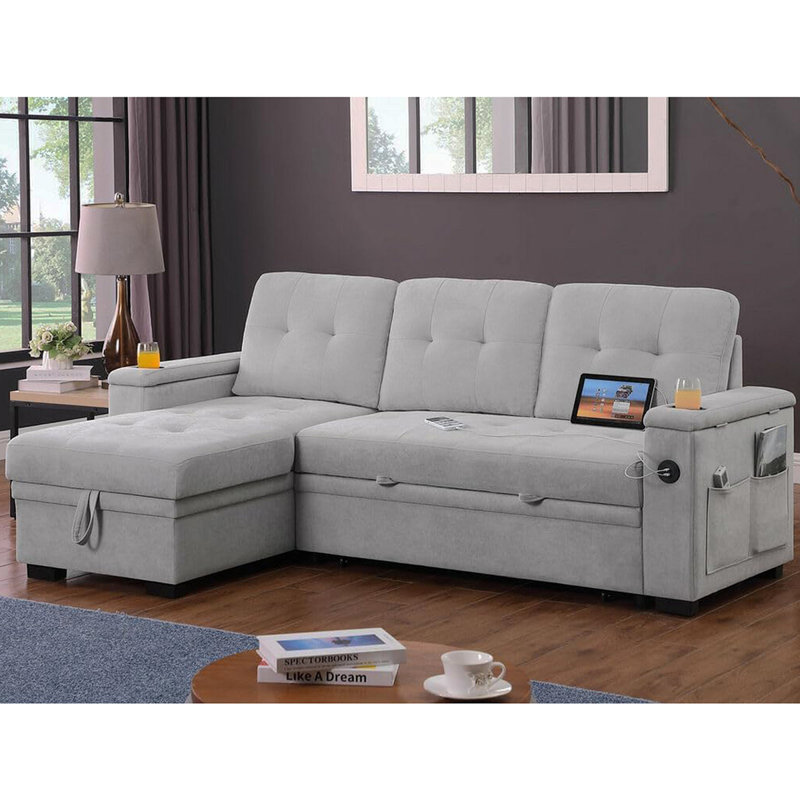 Canapé-lit modulaire réversible en tissu tissé avec méridienne de rangement, gris