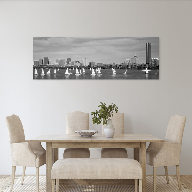 USA Massachusetts Boston Charles River View Of Boats On A River By A City by James Schwabel - Wrapped Canvas Panoramic Print