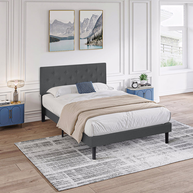 Queen Upholstered Platform Bed Frame, Modern Button-Tufted, Queen
