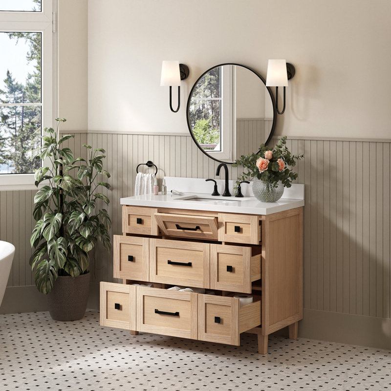 Meuble-lavabo simple en bois massif ARIEL Monroe, Chêne, 42" - 43", Pure White Quartz