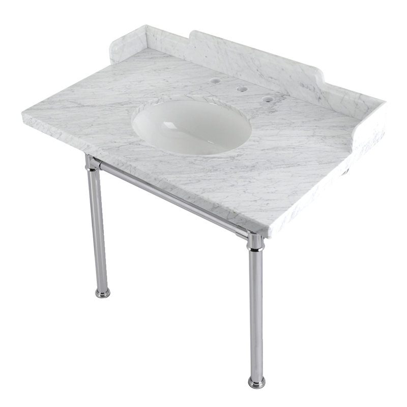 Kingston Brass Wesselman 36-Inch Carrara Marble Console Sink with Stainless Steel Legs (8-Inch, 3-Hole)