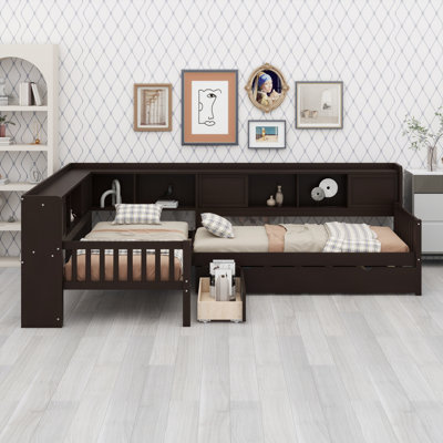 Lit plateforme en L avec lit gigogne, tiroirs de rangement et tablettes