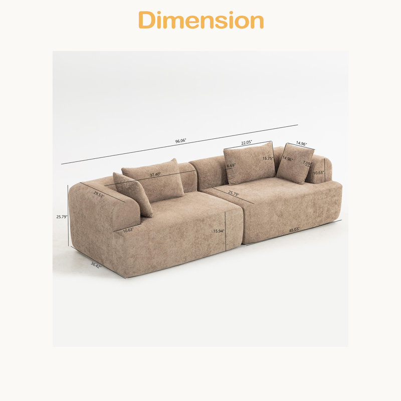 Full-Foam Modular Sofa, 96"2-Piece Sectional With Rounded Arms, Cloud-Like Comfort, Brown