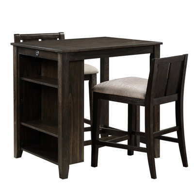 Table à manger à hauteur de comptoir transitionnelle en cerisier foncé, 3 avec abris et tablette, 2 chaises pour configuration de charme moderne, tablette, revêtement attrayant