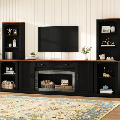 Meuble 3 téléviseurs avec armoires latérales incurvées, centre de divertissement en noyer noir, design rétro, rangement fonctionnel et tablettes réglables, pour un style de salon polyvalent