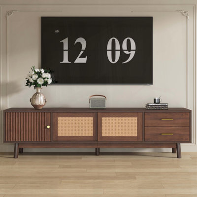 Meuble télé Mid-Century avec portes coulissantes et tiroirs pour téléviseurs de 80 po