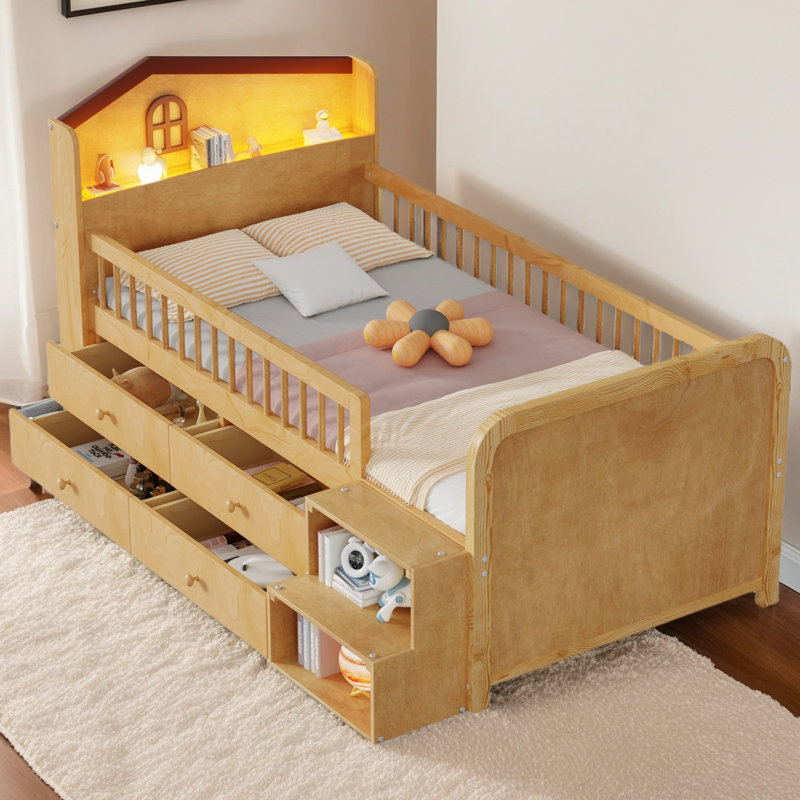 Lit mezzanine bas avec lumières DEL, lit mezzanine simple en bois avec tête de lit en forme de maison, lit mezzanine pour enfants avec tiroirs de rangement