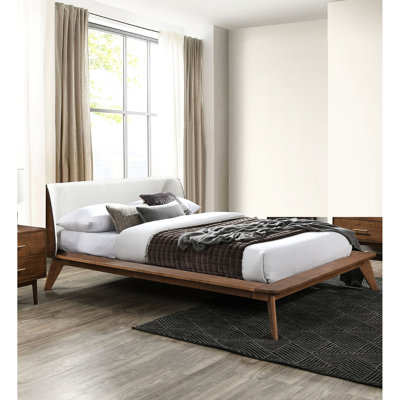 Lit très grand lit de style Mid-Century moderne, couleur noyer, bois massif et bouclé, tête de lit à panneau à oreilles en tissu Vibe, cadre, tête de lit, pieds inclinés fuselés
