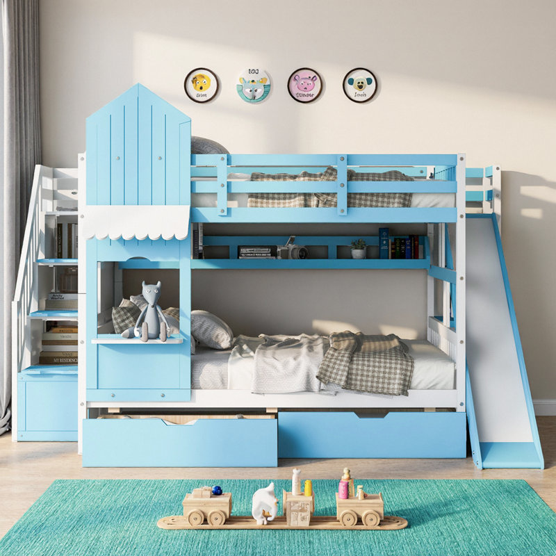 Lit mezzanine Enchanting, Bleu, Lit superposé double sur double