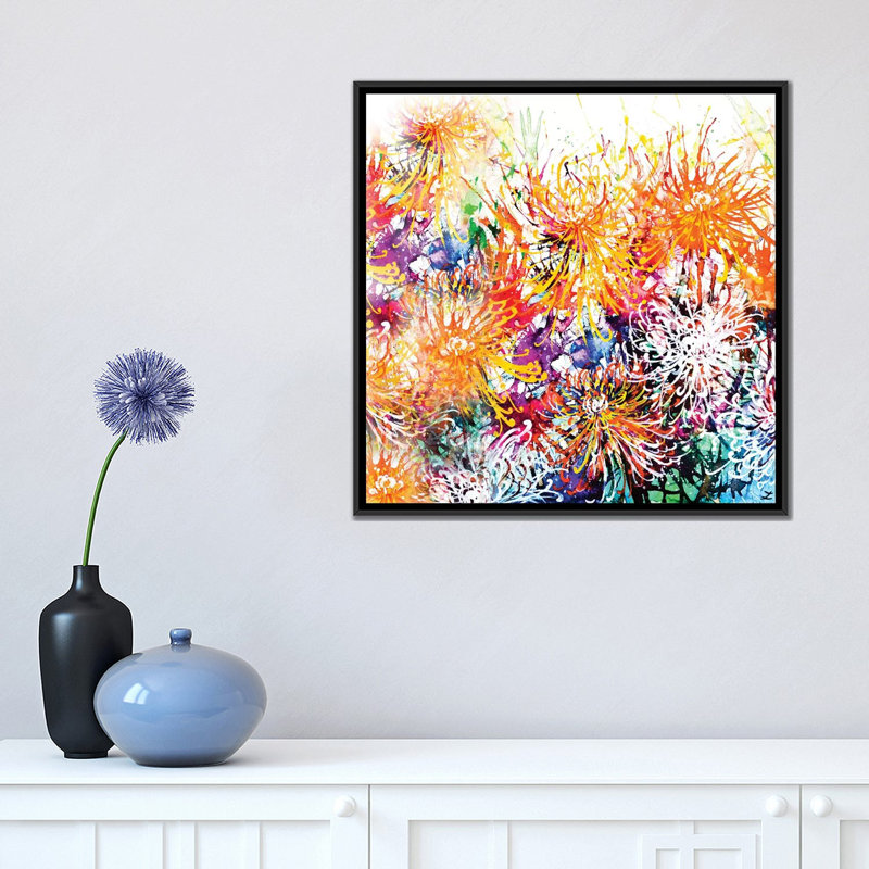 «Sunny Chrysanthemums», reproduction sur toile, H 18 po x l 18 po x P 1,5 po, Toile avec cadre noir, Pas de tapis