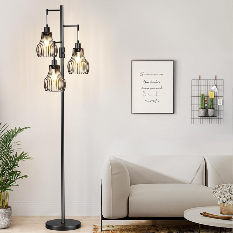 Dimmable Industrial Floor Lamp With 3 LED Bulbs For Living Room, Bedroom, Office, Black