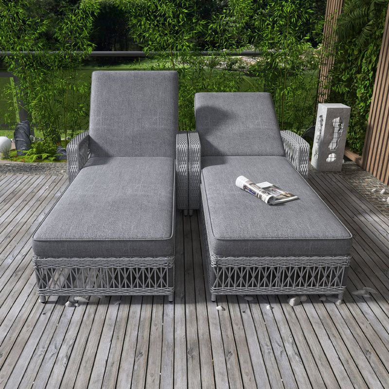 Méridienne inclinable longue 2 pièces, fauteuil d'extérieur en osier avec accoudoirs, fauteuil inclinable réglable pour patio avec coussins moelleux amovibles