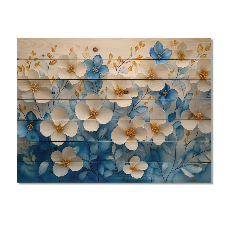 Whie On Velvet Blue Poppies Field II - Poppies Wood Wall Decor - On Natural Pine Wood, 10" H x 20" W x 0.78" D