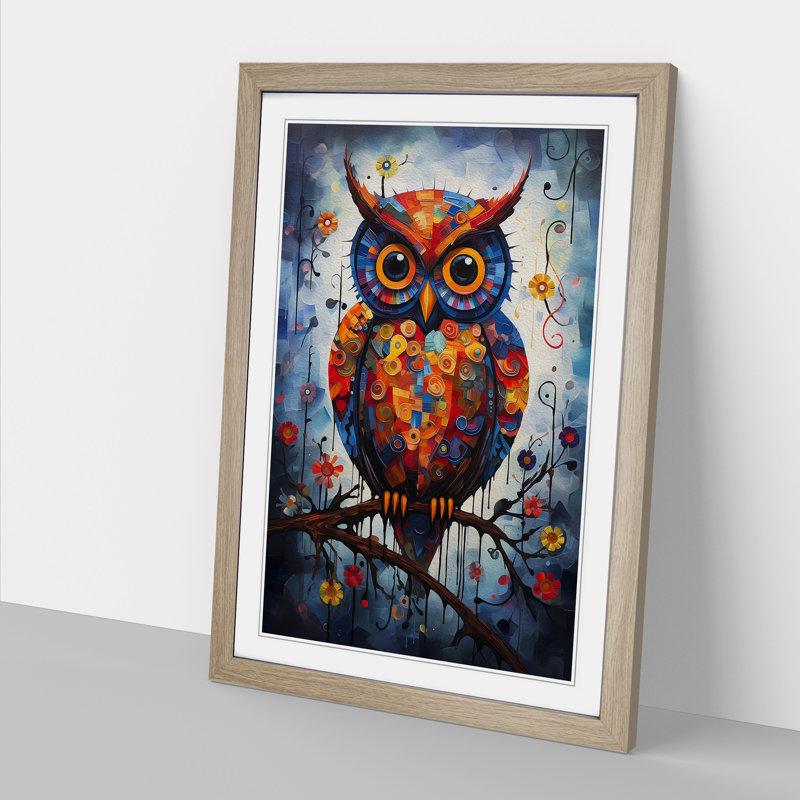 Owl Contemporary - Single Picture Frame Print on Wood, Oak, 46cm H x 34cm W x 2cm D