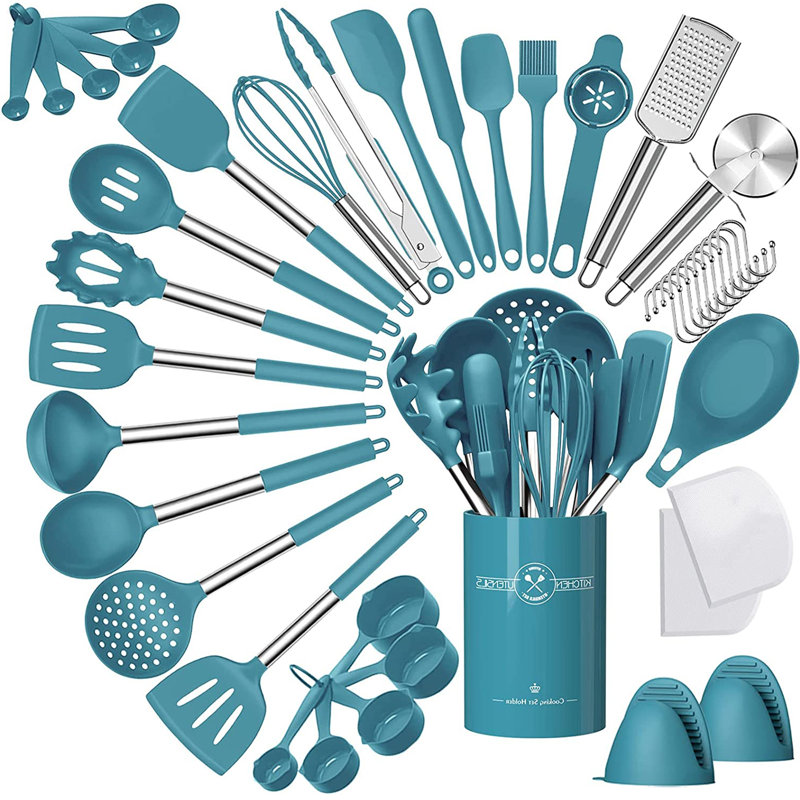 Ensemble d'ustensiles de cuisine en silicone, ensemble d'ustensiles de cuisine en acier inoxydable, résistant à la chaleur antiadhésif, bleu