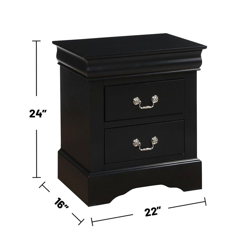 Table de chevet 2 tiroirs à finition noire pour chambre à coucher avec tiroirs modernes à poignée lisse et guide en métal robuste