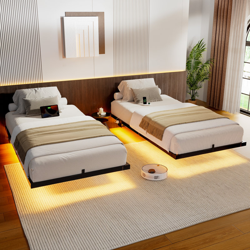 Floating Spring Frame Ebern Designs Floating Bed Frame With LED & Charging Station, Modern ...