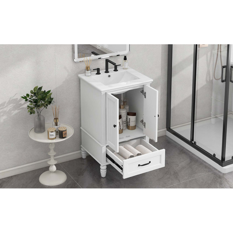 Meuble-lavabo de 20 po avec lavabo, armoire de salle de bain avec deux portes, butoir de porte magnétique et patins réglables, tiroir
