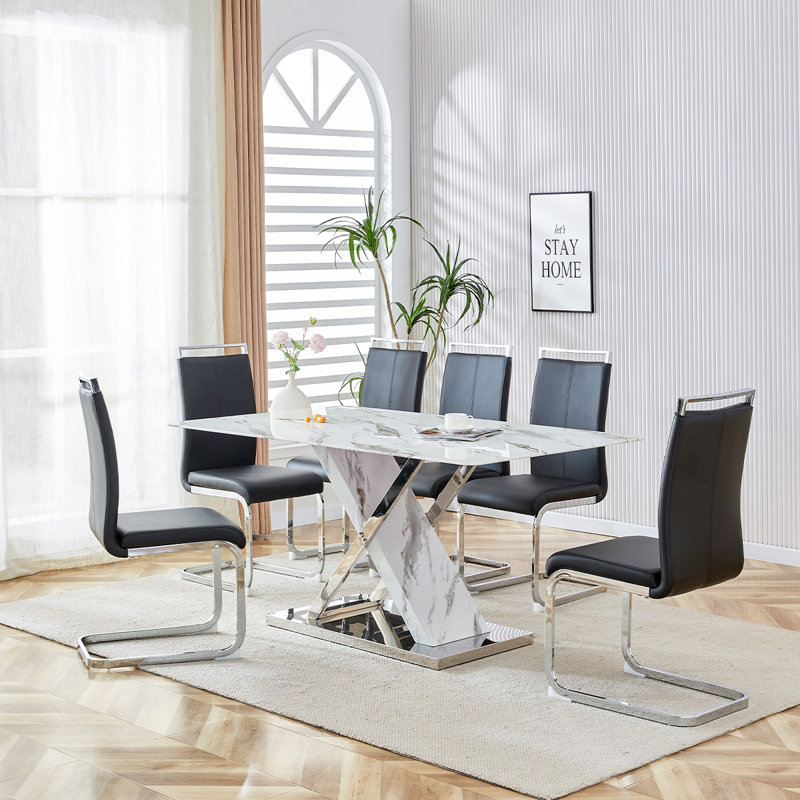 Glass Dining Table Set For 6, 7, Black/Silver