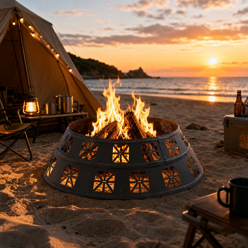 Anneau d'extérieur pour foyer d'extérieur de 36 pouces Sunjoy de Sunjoy, revêtement en acier robuste de 0,8 mm d'épaisseur avec découpes décoratives, modulaire portable, thermolaqué à haute température pour feu de camp de camping, noir