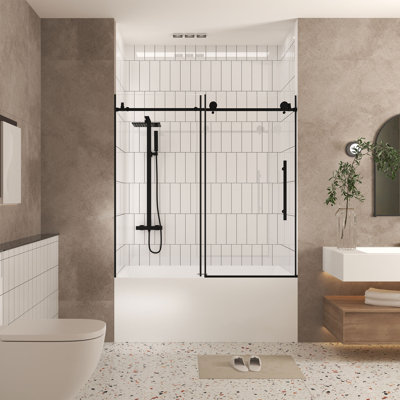 Porte de douche sans cadre l 56 à 60 po x H 60 po, verre trempé transparent de 1/4 po (6 mm), film antidéflagrant, poignée en acier inoxydable, noir mat