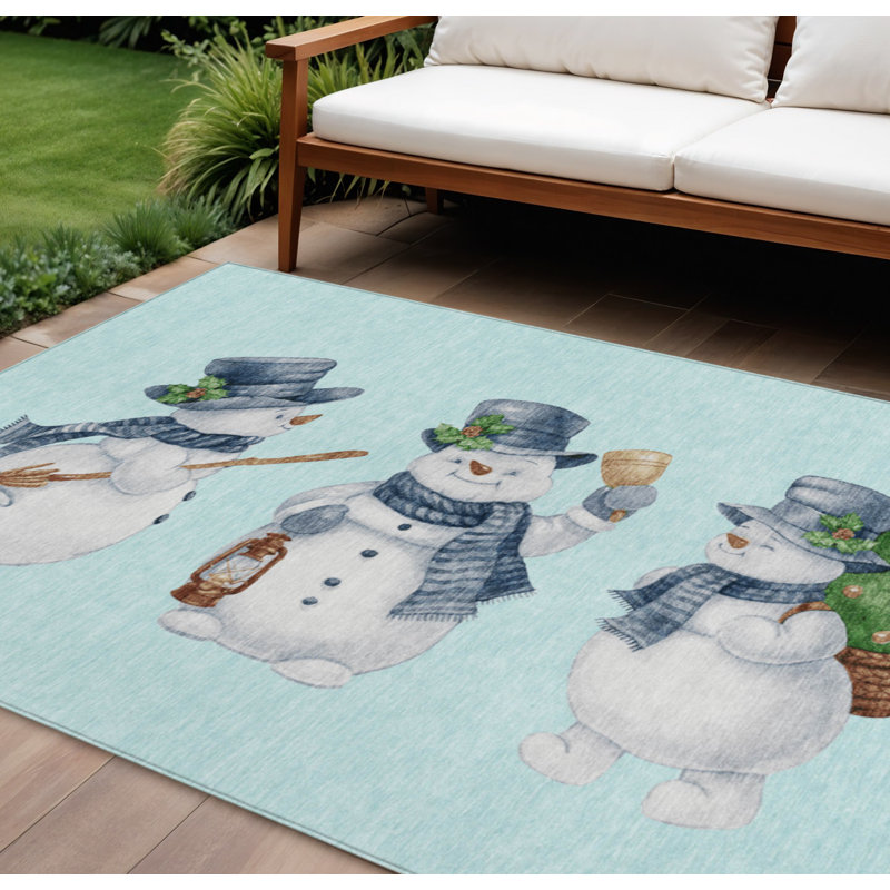 Tapis intérieur lavable 8 pi x 10 pi bleu ciel et ivoire bonhommes de neige