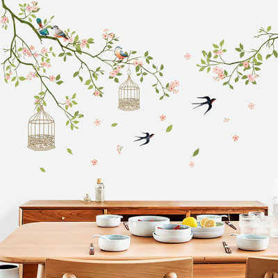 2 Set Cherry Blossom Wall Decals Flower Bird Tree Peel And Stick Wall Stickers Large Floral Wall Stickers & Murals Flower Wall Decals For Living Room Bedroom Bathroom Roommates Vinyl Wall Art