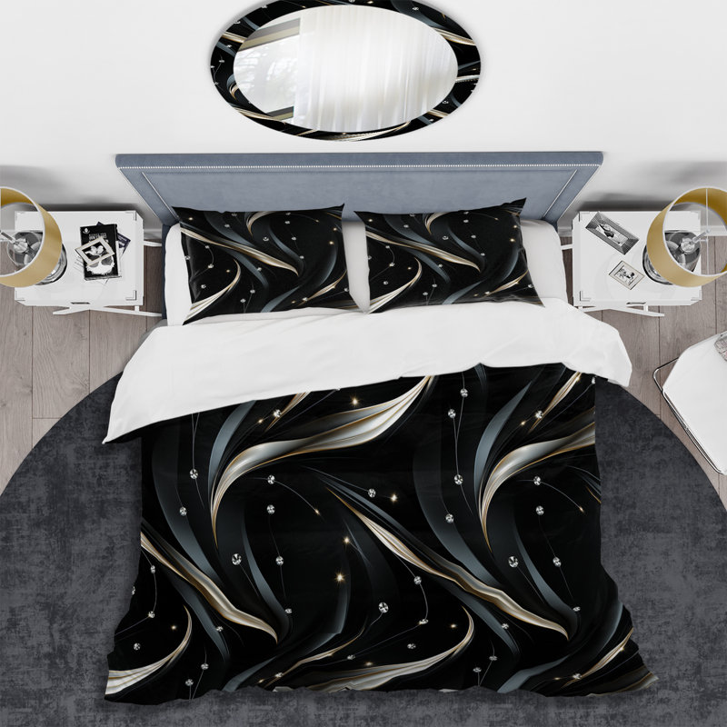Ensemble de housse de couette Deep Black Silver Elegance III - Glam, Housse de couette pour grand lit et 2 taies décor