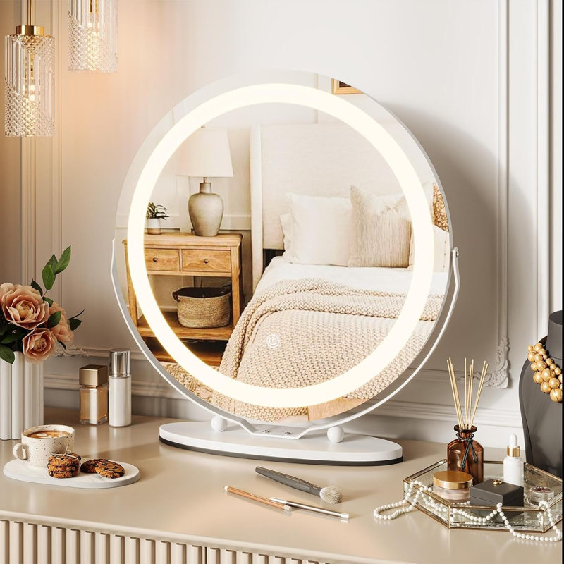 Miroir de meuble-lavabo rond 19 po avec éclairage à DEL, rotation à 360 °, 3 modes d'éclairage à intensité variable avec commande tactile, miroir de maquillage de table pour la chambre à coucher ou un espace de rangement moderne