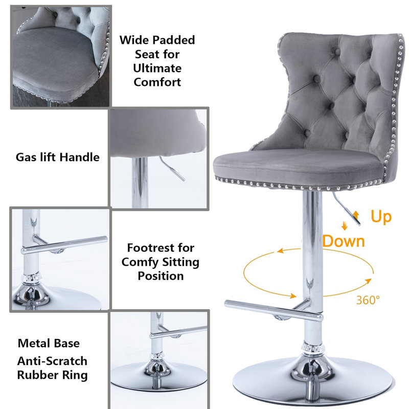 Tabouret pivotant à hauteur réglable Hukam, Argent, Gris