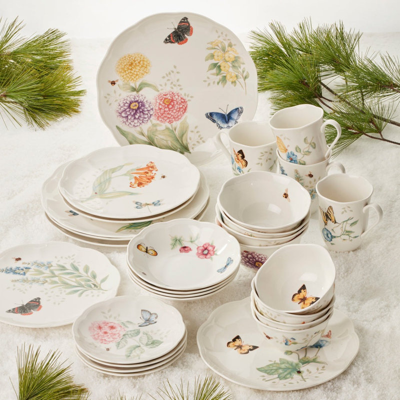 Lenox Butterfly Meadow Porcelain 28-Piece Dinnerware Set, Dishwasher Safe, White
