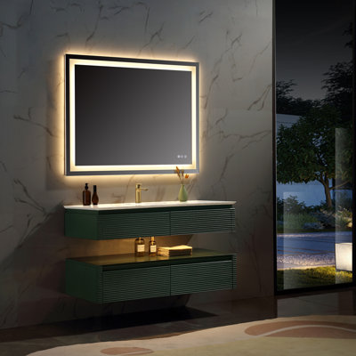 Meuble-lavabo flottant 48 po, plateau en pierre reconstituée, 2 tiroirs à fermeture en douceur, lumière DEL