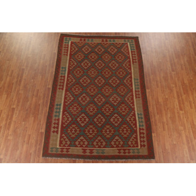 Tapis kilim rouge / vert réversible en laine 7 x 10