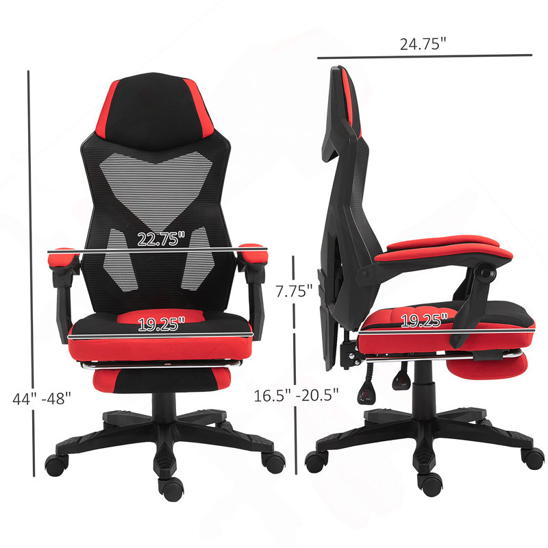 Vinsetto Ergonomic Home Office Chair High Back Armchair Computer Desk Recliner with Footrest, Mesh Back, Lumbar Support and Wheels, Red