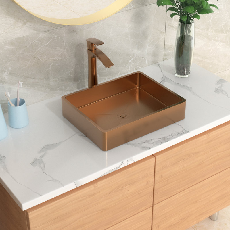 19'' L X 15" W Stainless Steel Rectangular Bathroom Sink Above Couter Art Basin with Pop Up Drain, Rose Gold