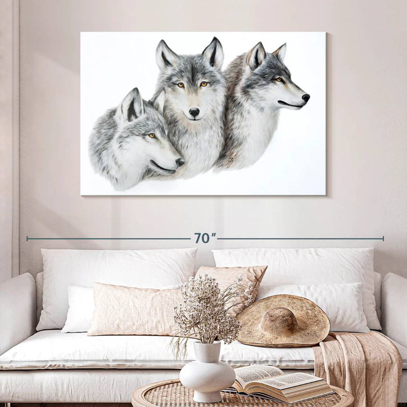 Snowy Wolf Family, H 32 po x l 48 po