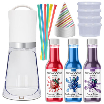 Ensemble de machine à neige avec 3 saveurs, 25 tasses à cône, 25 pailles, 4 moules à glace - fraise, framboise bleue, raisin - Hawaiin Slushie Flavors - ensemble de machine à glaçons électrique pour enfants