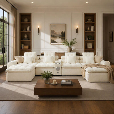 178.6 Inch Fluffy Lamb Wool Sectional Sofa, Oversized Deep Seat L-Shaped Modular Corner Couch, Plush Cloud Comfy Large Combination Sofa with Throw Pillows for Living Room