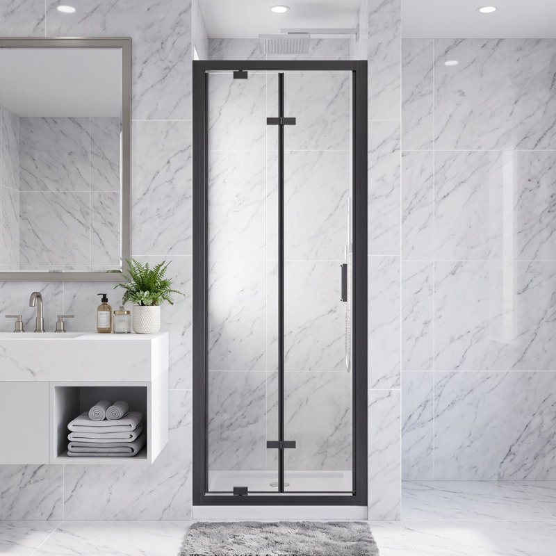 Porte de douche pliante en aluminium noir mat 28 po x H 72 po x verre trempé transparent 1/4 po, 28”