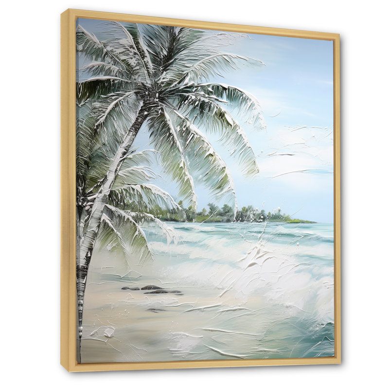 Palmier avec vue sur l'océan et paradis, H 44 po x l 34 po x P 1,5 po, Cadre naturel flottant