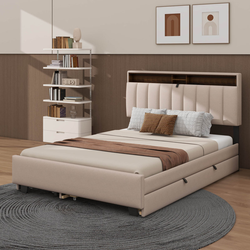 Padded Platform Bed Featuring A Storage Headboard, Beige, Full