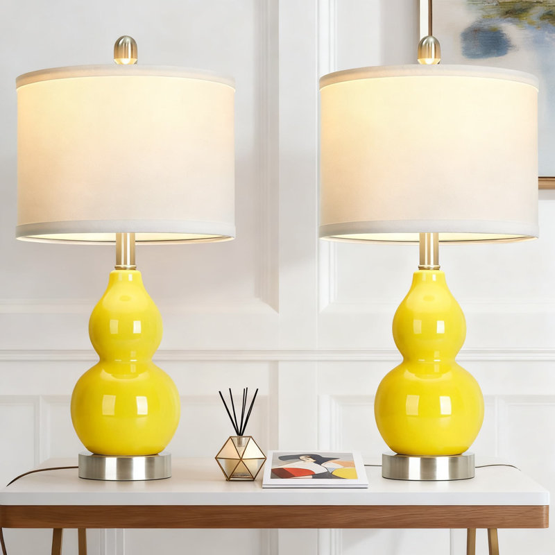 Ensemble de 2 lampes de table à double courge en céramique avec ampoules DEL, éclairage de table de chevet moderne pour chambre à coucher et salon, homologué UL