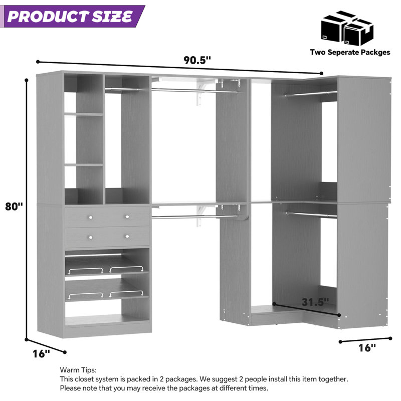 Navada 90.5" x 16" Freestading Closet System with Wooden Drawer, Gray