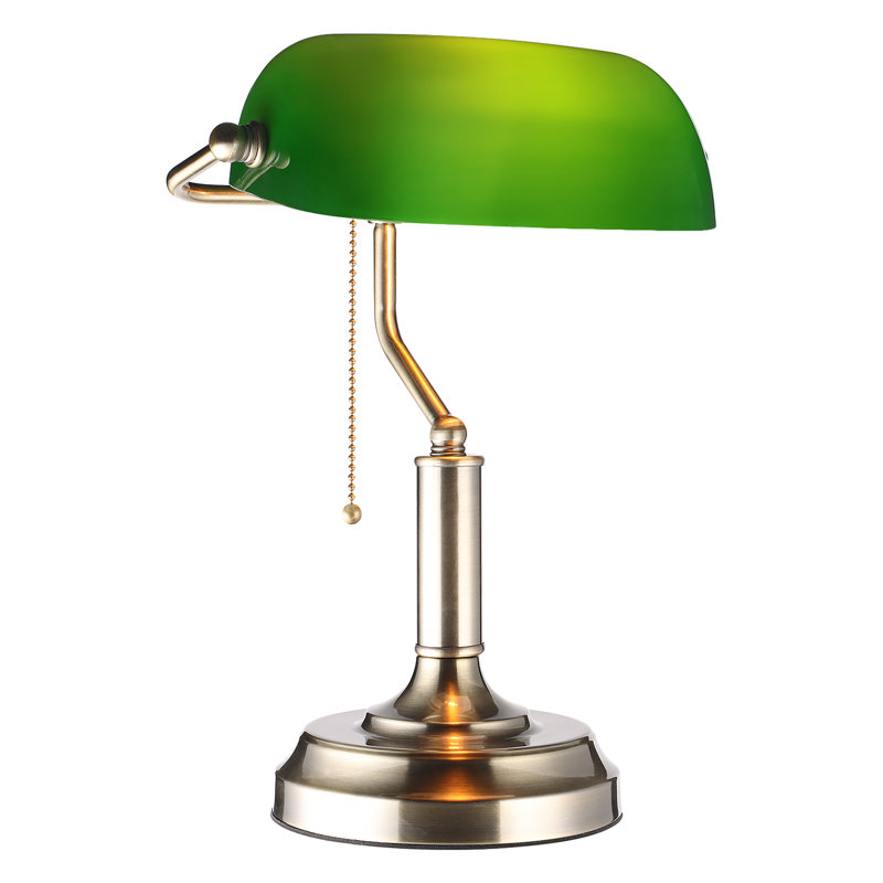 Lampe de bureau de lecture en verre vintage avec chaînette et abat-jour réglable (vert émeraude)