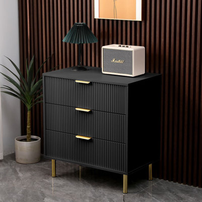 Aizley White Gloss Ribbed Chest of Drawers with Gold Legs & Handles – 3 Drawer Fluted Dresser (71cm Wide)